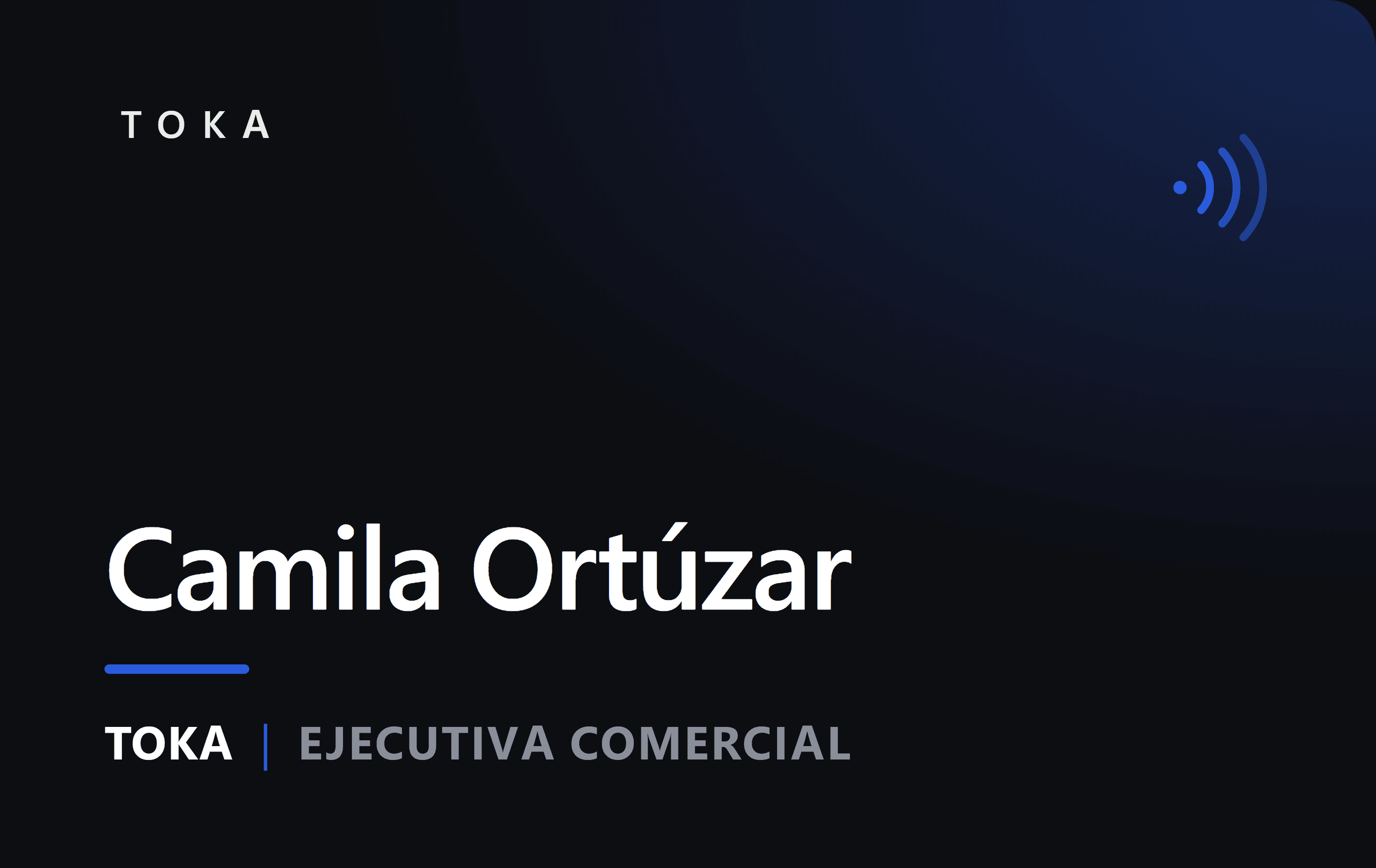 Tarjeta TOKA por el frente, con el nombre y el cargo